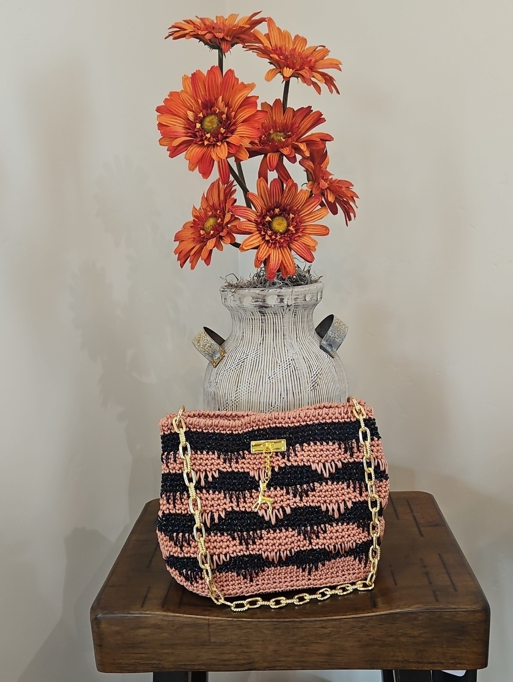 Hand Crocheted Peach and Black Crochet Shoulder Bag.  Handmade By Me!